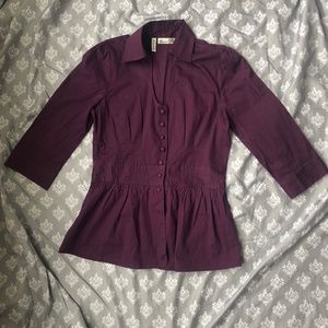 Purple Peplum Half-Sleeve Button-Up Blouse